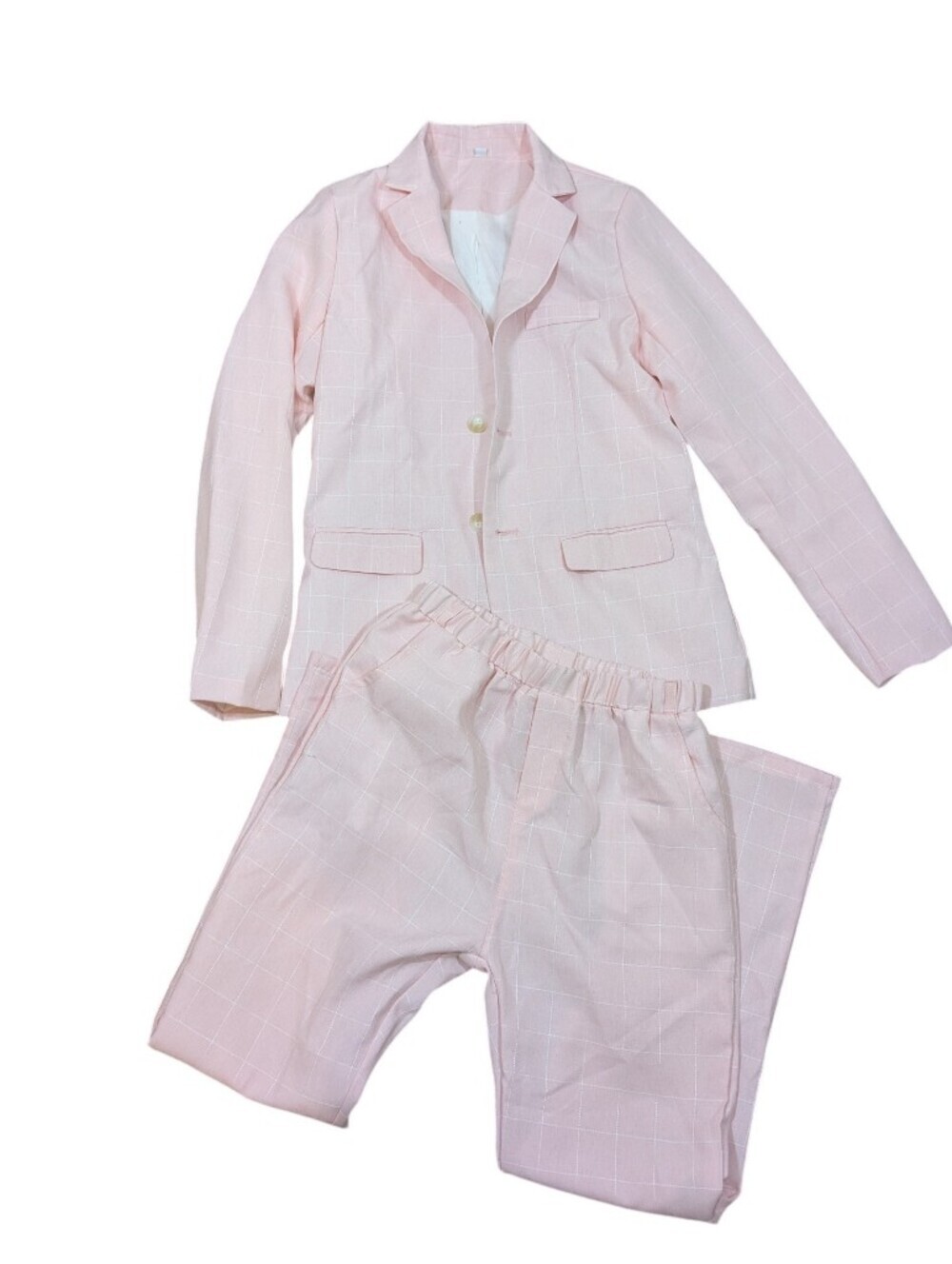 Light Pink Windowpane Two-Piece Set - Jacket & Elastic Waist Pants